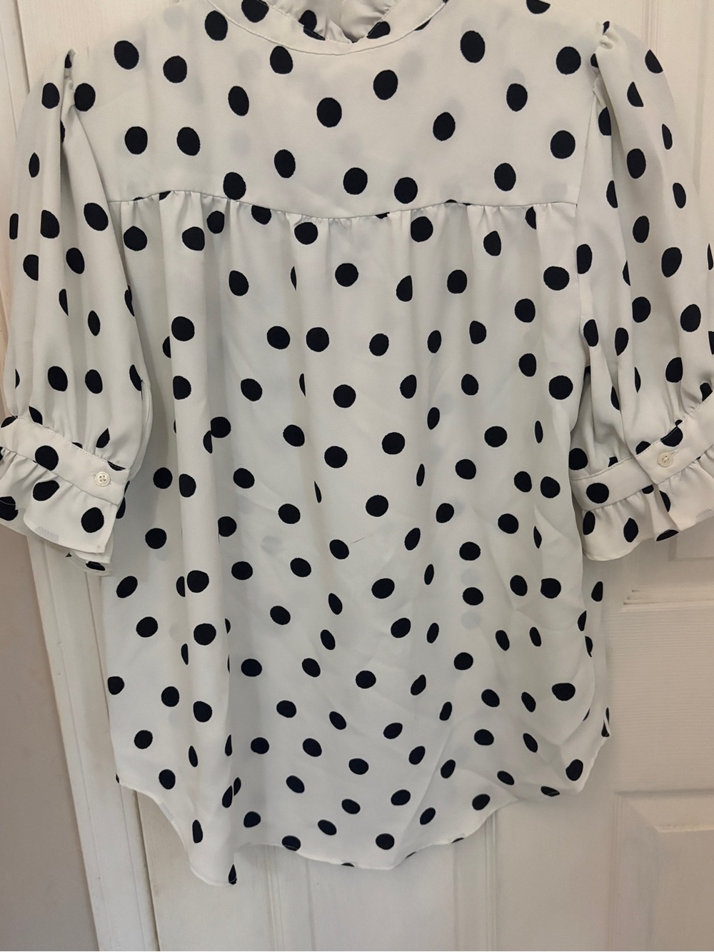 Ann Taylor Polka Dotted Stand Up Collar Ruffle Sleeve Top - Picture 10 of 10
